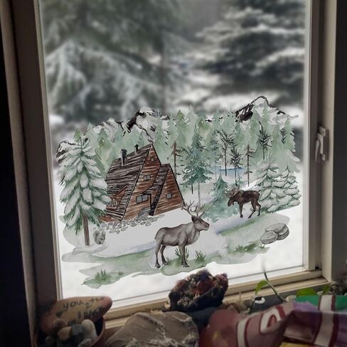 funlife Landscape Winter Hut Decorative Stained Window Decal, Double Sided Thickened Static Cling Glass Covering for Bathroom Glass Window Decor, Winter Landscape Winter Hut and Moose 23.62"x14.96" in Saudi Arabia