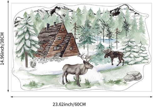 funlife Landscape Winter Hut Decorative Stained Window Decal, Double Sided Thickened Static Cling Glass Covering for Bathroom Glass Window Decor, Winter Landscape Winter Hut and Moose 23.62"x14.96" in Saudi Arabia