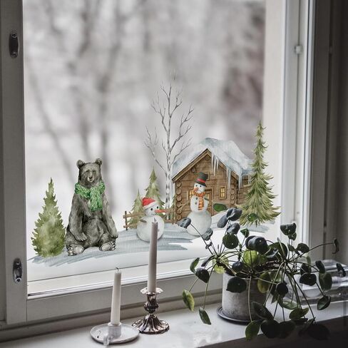 funlife Landscape Winter Hut Decorative Stained Window Decal, Double Sided Thickened Static Cling Glass Covering for Bathroom Glass Window Decor, Winter Landscape Winter Hut and Moose 23.62"x14.96" in Saudi Arabia