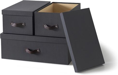 Soul & Lane Dark Gray Cardboard Decorative Boxes for Storage - Set of 3 (One Large and Two Medium Boxes), Boxes with Lids and Vegan Leather Handles, Photo Storage for Home Office and Decor in Saudi Arabia