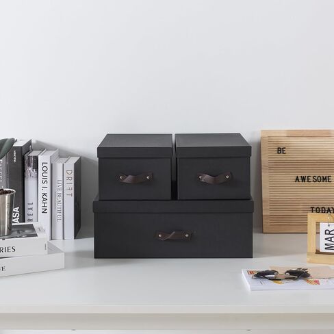 Soul & Lane Dark Gray Cardboard Decorative Boxes for Storage - Set of 3 (One Large and Two Medium Boxes), Boxes with Lids and Vegan Leather Handles, Photo Storage for Home Office and Decor in Saudi Arabia