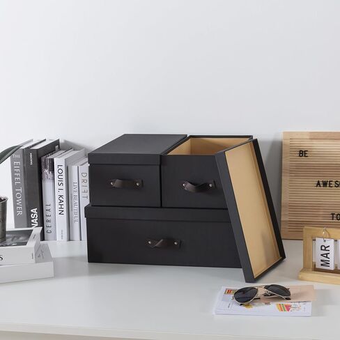 Soul & Lane Dark Gray Cardboard Decorative Boxes for Storage - Set of 3 (One Large and Two Medium Boxes), Boxes with Lids and Vegan Leather Handles, Photo Storage for Home Office and Decor in Saudi Arabia