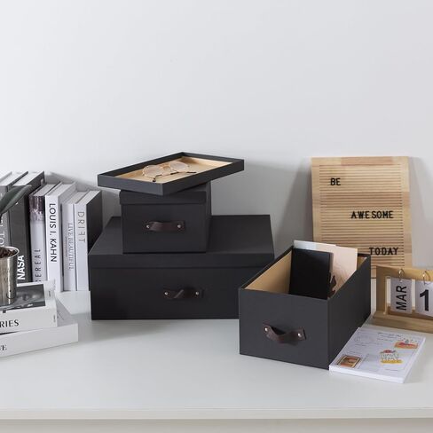 Soul & Lane Dark Gray Cardboard Decorative Boxes for Storage - Set of 3 (One Large and Two Medium Boxes), Boxes with Lids and Vegan Leather Handles, Photo Storage for Home Office and Decor in Saudi Arabia