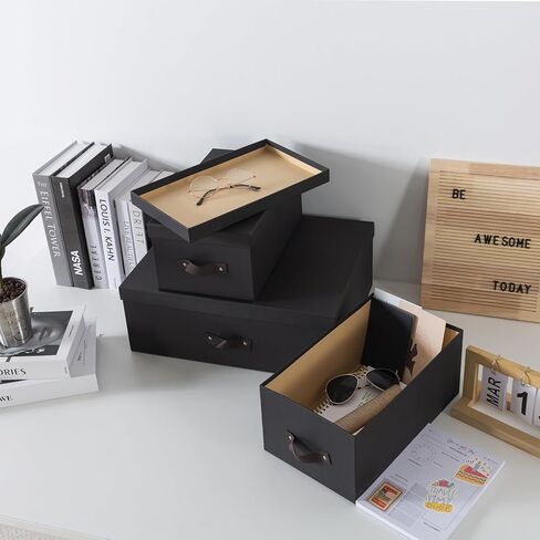 Soul & Lane Dark Gray Cardboard Decorative Boxes for Storage - Set of 3 (One Large and Two Medium Boxes), Boxes with Lids and Vegan Leather Handles, Photo Storage for Home Office and Decor in Saudi Arabia