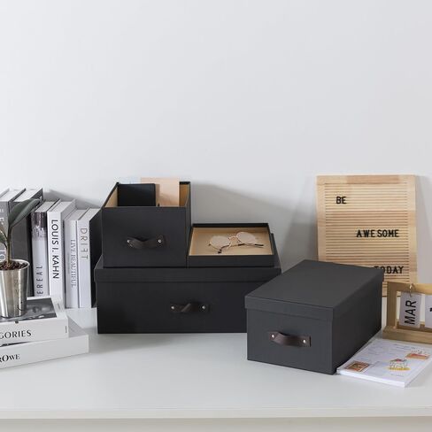 Soul & Lane Dark Gray Cardboard Decorative Boxes for Storage - Set of 3 (One Large and Two Medium Boxes), Boxes with Lids and Vegan Leather Handles, Photo Storage for Home Office and Decor in Saudi Arabia