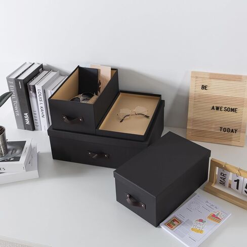 Soul & Lane Dark Gray Cardboard Decorative Boxes for Storage - Set of 3 (One Large and Two Medium Boxes), Boxes with Lids and Vegan Leather Handles, Photo Storage for Home Office and Decor in Saudi Arabia