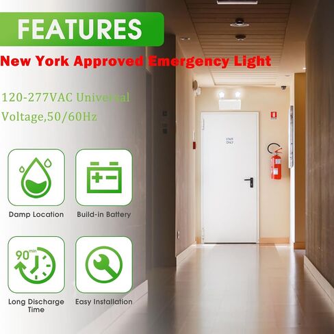 ضوء طوارئ LED معتمد من نيويورك، مبيت أبيض مع بطارية احتياطية، رأسان للمصابيح قابلان للتعديل، 120-277 فولت، درجة تجارية، مقاوم للحريق، معتمد من UL NYC-100 (رأسان) in Kuwait