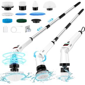 Electric Spin Scrubber, Upgraded Adjustable Angle Shower Scrubber with Long Handle Detachable, 9 Replaceable Brush Heads, 3 Speeds, Waterproof Cordless Power Bathroom Cleaning Brush for Tub, Tile, Car
