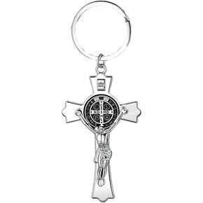 St. Benedict's ancient silver cross keychain pendant ornament, religious Catholic memorial gift.