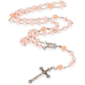 Pink Pearl Glass Rosary Beads Roman Catholic Prayer Crucifix for Men Women Baptism Confirmation Communion Wedding Religious Gifts