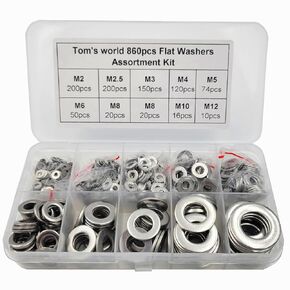 Tom's world 860Pcs M2 M2.5 M3 M4 M5 M6 M8 M10 M12 Flat Washers 304 Stainless Steel Washers Assortment Set for Screws Bolts