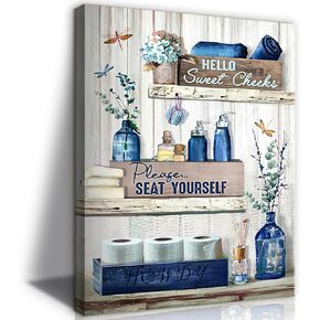 BJVJKSU Navy Blue Bathroom Decor Wall Art Rustic Blue Bathroom Canvas Wall Decor Bathroom Please Seat Yourself Sign Print Painting Vintage Aesthetic Bathroom Picture Artwork Decor(12x16in)