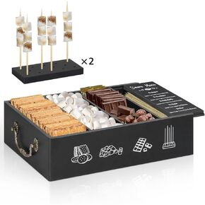 S'Mores Station, Farmhouse Smores Caddy with 40pcs Skewers, Smores Kit for Fire Pit Smores Maker Box, Smores Accessories Organizer, Smores Caddy Holder with Handles for Counter Smores Bar Station