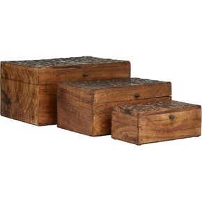Deco 79 Mango Wood Floral Handmade Decorative Box Decorative Keepsake Boxes with Hinged Lid, Set of 3 Storage Boxes 12", 10", 8"W, Brown