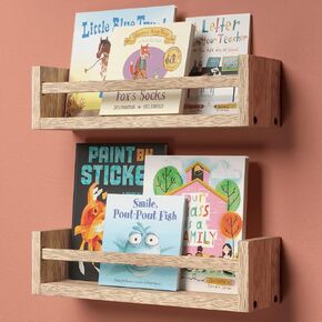 15 Inches Nursery Bookshelves, Floating Kids Bookshelves for Wall Set of 2, Baby Room Wall Decor, Wall Mounted Wood Shelves for Books, Toys and Wall Storage - Rustic Brown