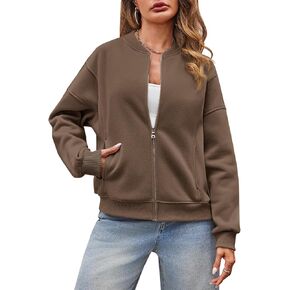Fisoew Womens Full Zip Bomber Jackets Casual Long Sleeve Loose Sweatshirt Fall Coats with Pockets