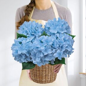 Blue Hydrangea Artificial Flowers 5 Pcs, Silk Hydrangea Flowers with stems, Faux Hydrangea Fake Blue Flowers, Decorative Flowers for Vase Centerpieces Wedding Decoration