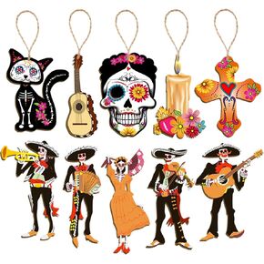 CMUSKO Dia De Los Muertos Decorations-30Pcs Day of the Dead Wood Ornaments Sugar Skull Hanging Wooden Sign,Halloween Tree Ornaments Mexican Fiesta Day of the Dead Decor
