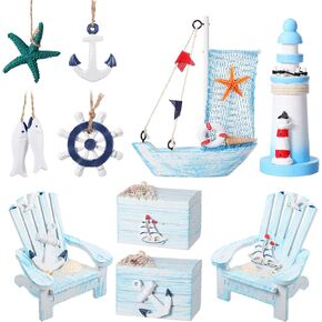 Queekay 10 Pcs Wooden Box Mini Chair Ornament Sailboat Model Decoration Wooden Lighthouse Fish Hanging Starfish Ornament Decoration Aquarium Decor Landscape Tank Ornament Office Mini Garden Landscape