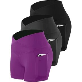 CADMUS Women's High Waist Tummy Control Yoga Shorts Spandex Compression Biker Shorts Side Pockets, Black & Grey & Purple,Small
