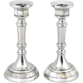 Zion Judaica Exquisite Pearl Inlay Shabbat Candle Holder Set 2 Aluminium Candlestick Holders with Stunning Natural Pearls Detailing 6.25" Candleholder Fits Shabbos 7/8" Candles Decorative Candelabra