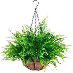 UV Resistant Lifelike Artificial Hanging Boston Fern in Basket, Artificial Ferns for Outdoors, Faux Ferns Fake Ferns Artificial Plants, Fake Boston Fern for Porch Window Home Decor