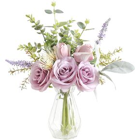 Artificial Flowers with Vase,White Silk Roses and Fake Plant Eucalyptus in Vase,Faux Flower Arrangement with Vase Suitable for Home Office Decoration, Living Room and Dining Table Centerpiece