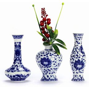 Blue and White Vase Set of 3, Cute Ceramic Bud vase in Bulk for Farmhouse Table Centerpiece Mini Vintage Vase for Rustic Wedding Decorations, Home Table Flower Decor