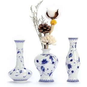 Blue and White Vase Set of 3, Cute Ceramic Bud vase in Bulk for Farmhouse Table Centerpiece Mini Vintage Vase for Rustic Wedding Decorations, Home Table Flower Decor
