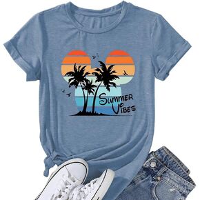 Summer Vibes Tshirt Womens Funny Cute Graphic Tees Hawaiian Beach Vacation Palm Tree Letter Print Tops