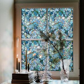 Stained Privacy Window Film, Static Cling Glass Covering Decal, Removable Glass Door Décor, Winter Blue Cobblestones