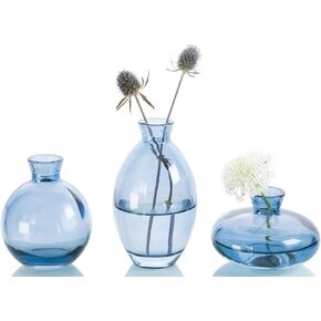 Bud Vase 3Pcs/Set Mini Vase Small Glass Vase for Desktop Centerpieces Decor,Handmade Vase for Flowers(Blue)