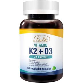 Lovita Vitamin K2 + D3, 400 IU Vegan Vitamin D3 & 120 mcg Vitamin K2 (MK-7), 2 in 1 Formula, Immune Vitamin Complex, 30 Vegetarian Capsules