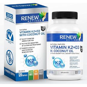 Renew Actives D3 K2 Supplement with Coconut Oil - Promotes Immune Function & Bone Health & Teeth - Enhances Calcium Absorption - 120 Softgels