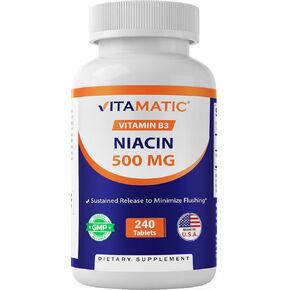 Vitamatic Niacin (Vitamin B3) 500mg, Sustained Release, 240 Tablets - Non-GMO & Gluten Free