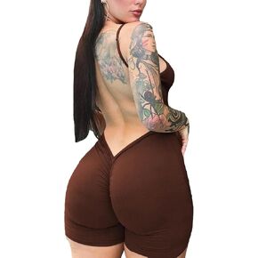 GORGLITTER Women's Backless Ruched Gym Rompers Open Back Shorts Bodysuit Cap Sleeve One Piece Workout Jumpsuit Unitard