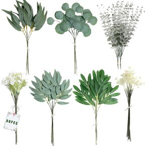 80 Pcs Artificial Greenery Stems Box Set with 7 Kinds of Faux Greenery Branches Fake Eucalyptus for Wedding DIY Bouquets Floral Arrangement Table Centerpieces