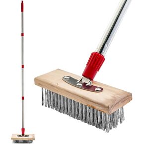 60" Deck Scrub Brush Wire Brush with Long Handle, Stainless Steel Outdoor Broom Mental Floor Scrubber for Cleaning Moss, Tough Stains on Concrete, Grout, Garden, Garage, Patio