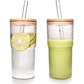 ANOTION Glass Cups with Lids and Straws - 22oz Coffee Cups Gifts for Women Drinking Glasses Iced Smoothie Cup Glass Tumbler Water Glasses Ribbed Glassware Clear Cups Travel Coffee Mug Glasses Set
