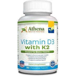 Athena - Vitamin D3 2000IU with K2 (MK7) - 90 Chewable Tablets - Supports Immune System - Muscle Energy - Strong Bones - Healthy Dental - Non GMO