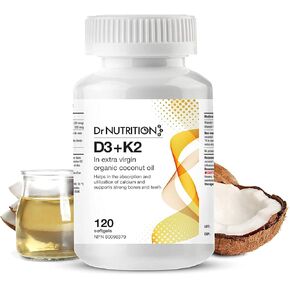 Vitamin D3 + K2 in Organic Coconut Oil, Vitamin K2 MK7 + D3 (1000IU), Rapid Bone and Heart Health Formula, Helps Absorb and Utilize Calcium, Supports Immunity, Improves Mood - 120 Softgels