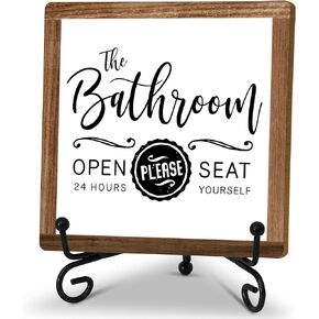 Funny Bathroom Signs Decor, Toilet Wooden Sign With Stand, The Bathroom Open 24 Hours Please Seat Yourself Sign, Farmhouse Bathroom Quote Sign For Toilet Restroom Washroom Home Decor Gifts, B13