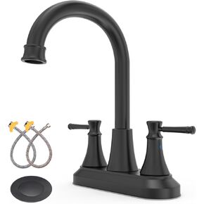 GOWIN Bathroom Faucet, 3-Hole, Matte Black, Sink Faucet, 4 Inch, 2-Handle, Swivel Gooseneck, Includes Drain Assembly, Stainless Steel
