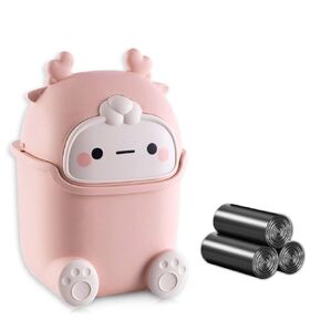 Cute Desktop Trash Can with 90 Trash Bags, Mini Creative Trash Can with Flip Lid Plastic Storage bin, Waste Basket Garbage Can for Bathrooms Kitchens Offices Dressing Table (Pink)