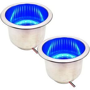 2pcs Stainless Steel Cup Holder Drink Holder 12V Blue 14 LED Recessed with Drain for Marine Boat Car Truck RV Camper