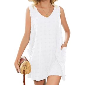 Beach Swimsuit Cover Up for Women, Swiss Polka Dot Bathing Suit, Classic V Neck Dress with Pockets