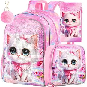 CCJPX 3PCS Unicorn Backpack for Girls, 16"Kids Preschool Sequin Bookbag and Lunch Box for Kindergarten Elementary