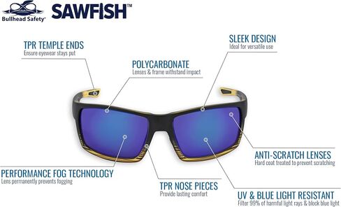 Bullhead Safety Sawfish Polarized Safety Glasses with Performance Fog Technology, Blue Light Glasses with UV Light Protection and Anti-Scratch Coating, Blue Mirror Lenses, Tortoise/Black Frame in Saudi Arabia