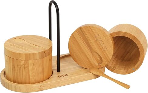 HTB Bamboo Salt Cellar Set with Spoon, Kitchen Spice Containers with Magnetic Swivel Lids, 2 Seasoning Containers Set Engraved with S and P in Saudi Arabia