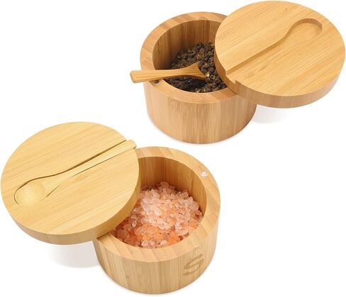 HTB Bamboo Salt Cellar Set with Spoon, Kitchen Spice Containers with Magnetic Swivel Lids, 2 Seasoning Containers Set Engraved with S and P in Saudi Arabia